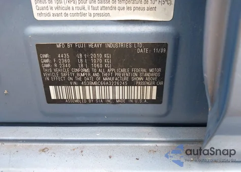 2010 Subaru Legacy 2.5I Premium from USA, damaged, VIN 4S3BMBC66A3226245